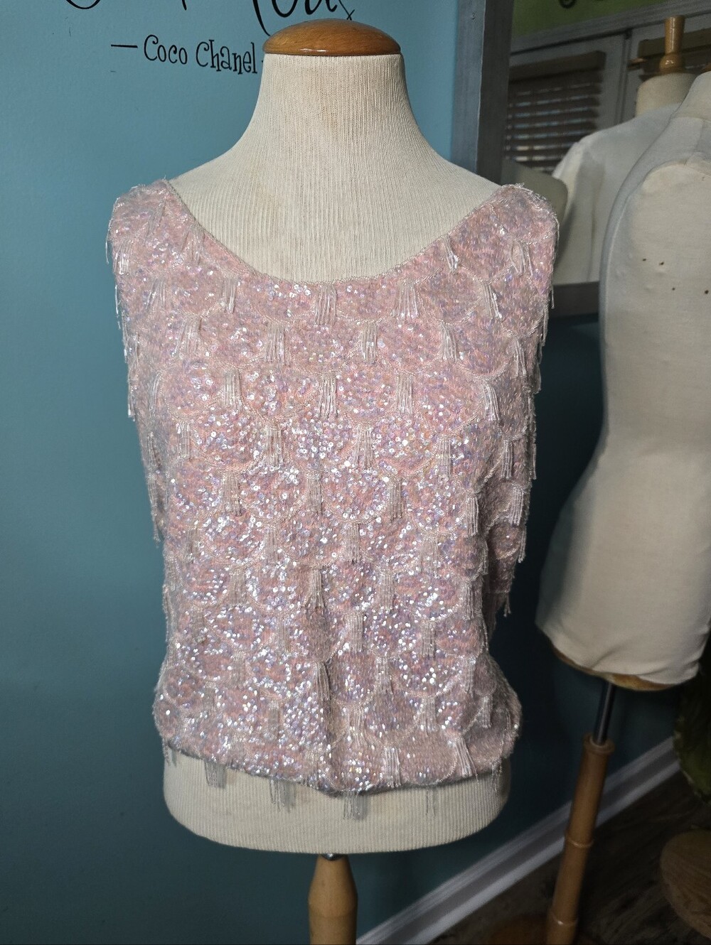 Embellished Vintage Pink Wool Sequin Beaded Top